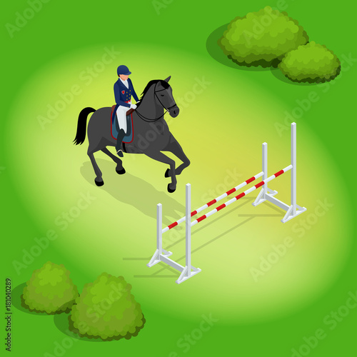 Isometric young rider girl performing jump at horse show jumping competition. Equestrian sport background. Vector illustration. Racehorses and lady jockey in uniform.