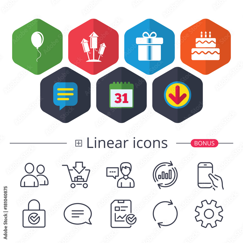Birthday party icons. Cake and gift box symbol. Birthday party icons. Cake and gift box symbol.