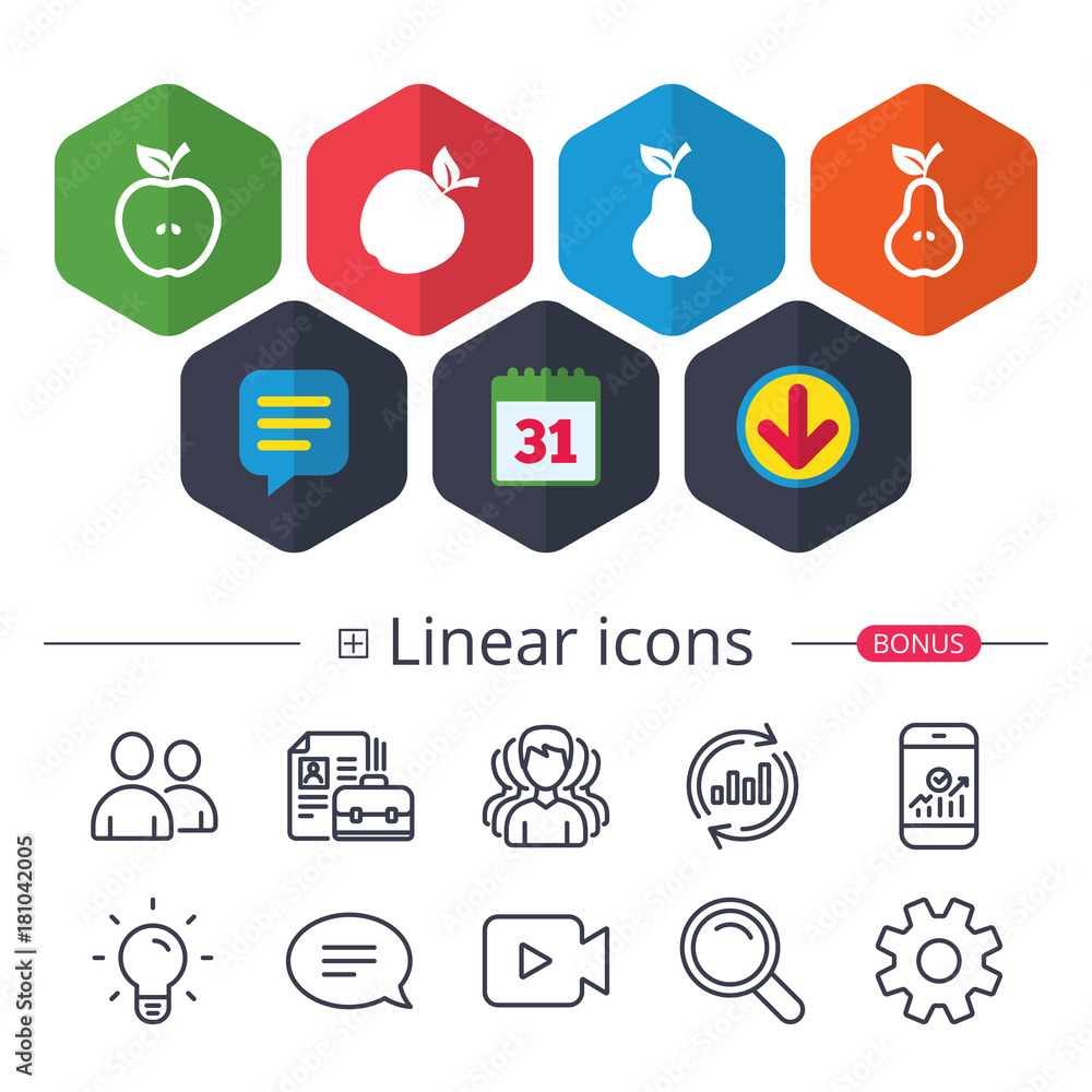 Fruits with leaf icons. Apple and Pear. Fruits with leaf icons. Apple and Pear.
