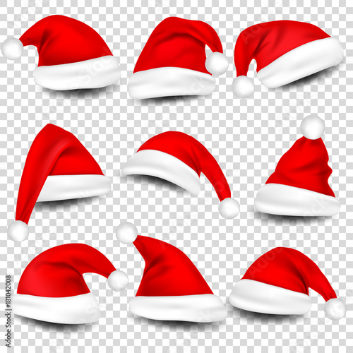 Christmas Santa Claus Hats With Shadow Set. New Year Red Hat Isolated on Transparent Background. Vector illustration.