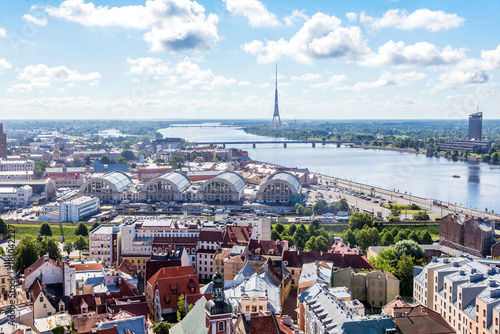 aerial view of central market, Daugava river and TV tower, Riga,