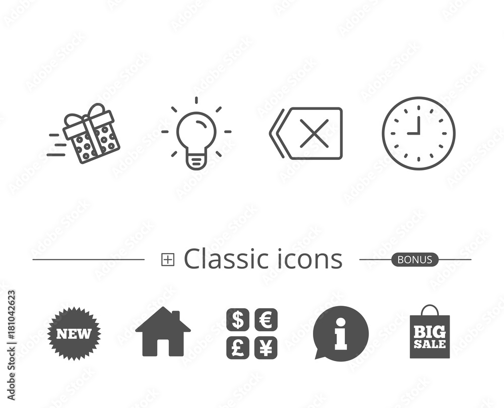 Clock, Light bulb and Gift box line icons. Clock, Light bulb and Gift box line icons.