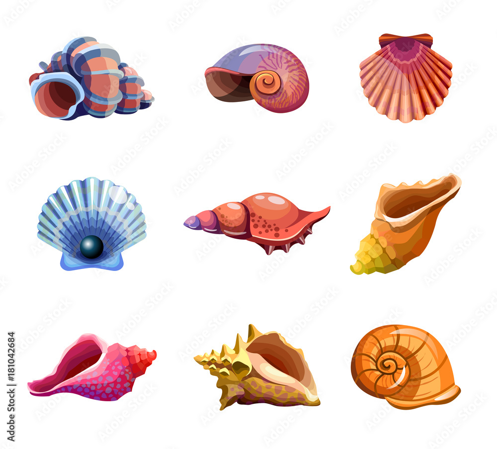 Colorful tropical set of sea shells. Underwater icons. Vector illustration - obrazy, fototapety, plakaty 