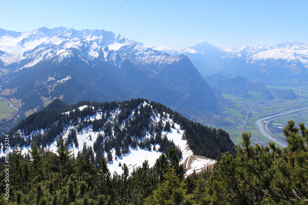 Obraz premium Aerial view of Liechtenstein (Upper Rhine valley), taken from the Alpspitz peak in Gaflei village in the municipality of Triesenberg.