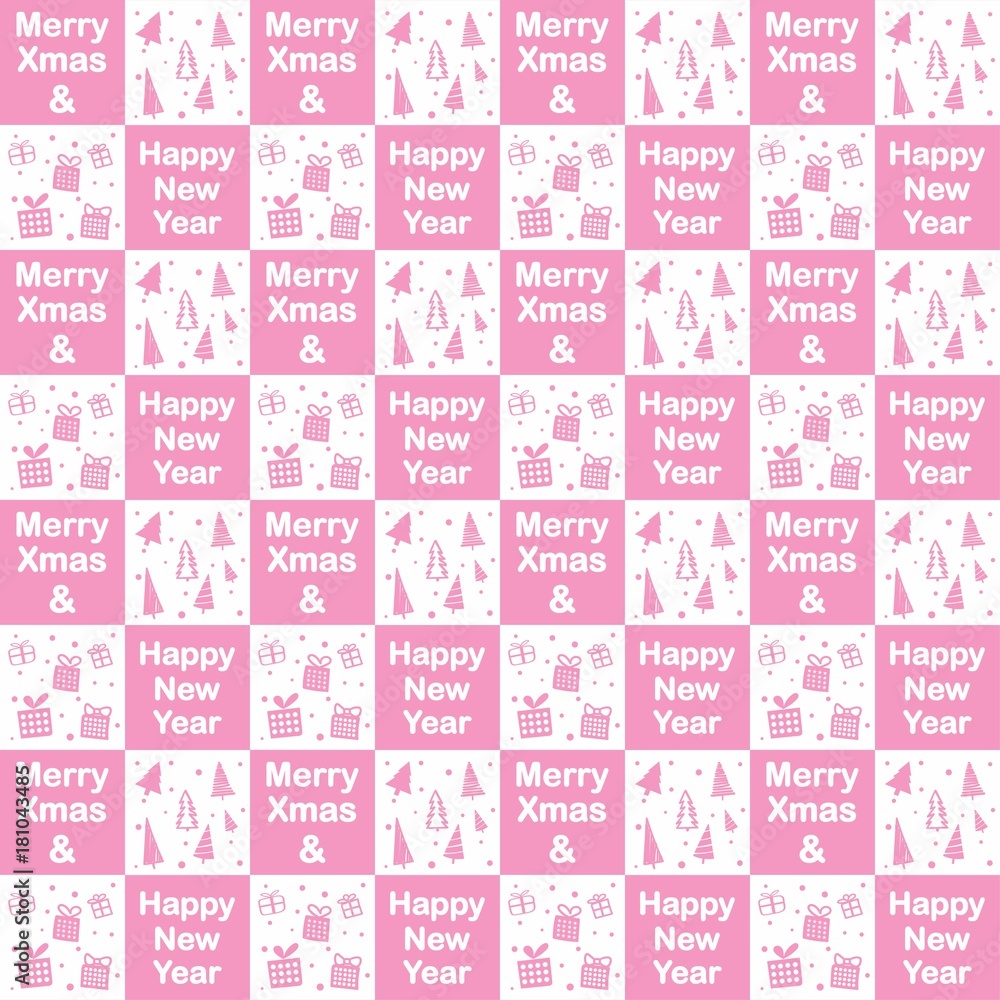 Merry Christmas and Happy New Year Collection of seamless patterns with tree and gift box on pink background. Vector illustration.