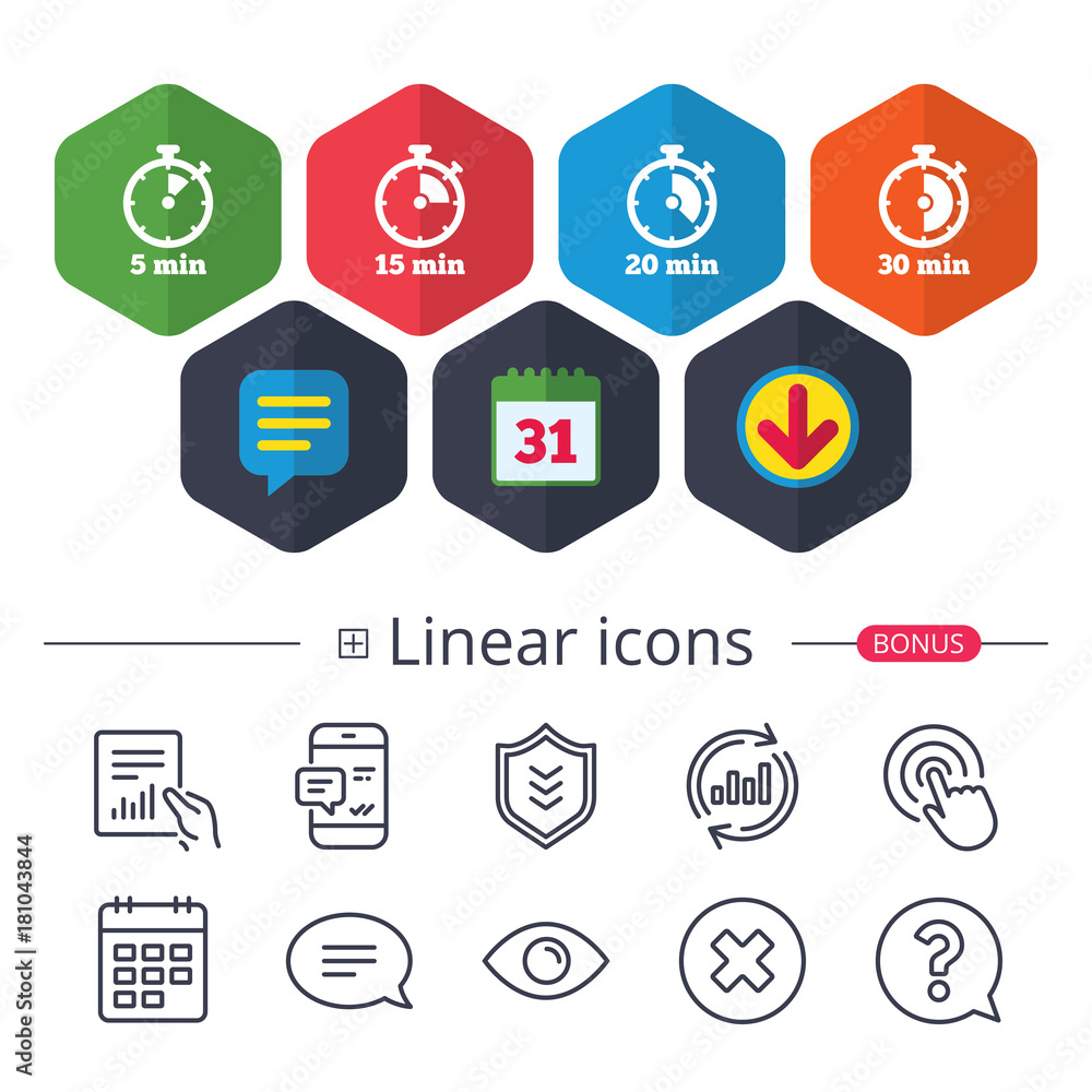 Timer icons. Five minutes stopwatch symbol. Timer icons. Five minutes stopwatch symbol.