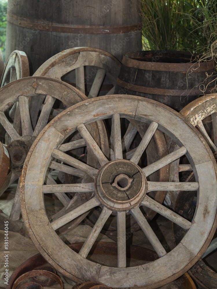 Group of Antique Wooden Chariot Wheels, Indoor