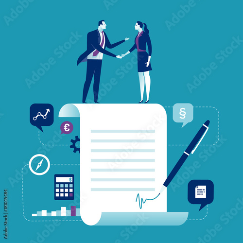 Agreement. Business people standing on a signed contract. Concept business vector illustration