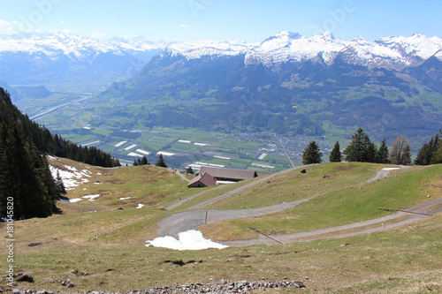 Aerial view of Liechtenstein (Upper Rhine valley), taken from the Alpspitz peak in Gaflei village in the municipality of Triesenberg. photo