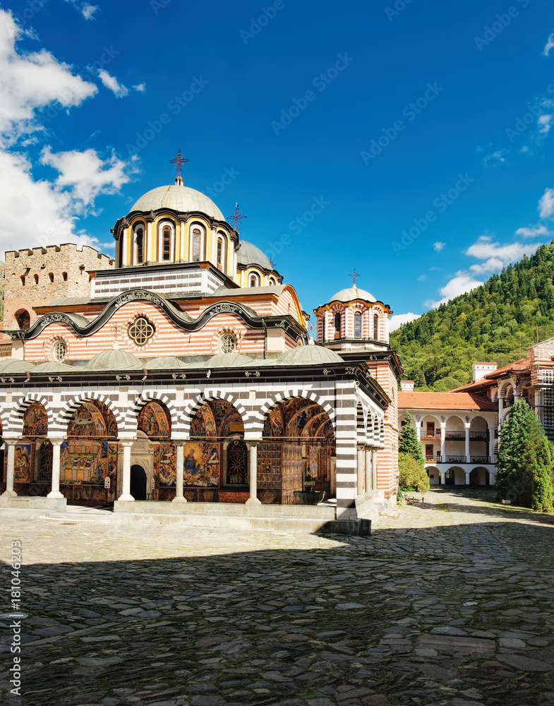 The Monastery of Saint Ivan of Rila, better known as the Rila Monastery is the largest and most famous Eastern Orthodox monastery in Bulgaria. View from the yard
