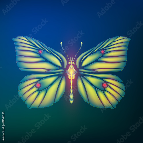 butterfly Gonepteryx rhamni from glass shards in neon light © Valerii