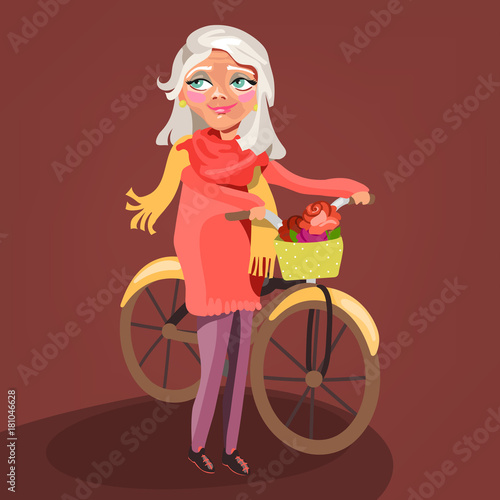 Active senior (old women, lady) cartoon, cute, adorable vector character. The senior lady with bycicle smiling and happy