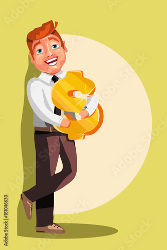 Cute, happy, cartoon businessman character keeping in hands and hugs the golden dollar sign with sparkles. Smiling and happy successful businessman