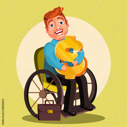 Cute, happy, cartoon disabled men character on a wheelchair hugs golden dollar sign in a business suit. Business and work for disabled people concept. Abilities, disabilities. Work, business success