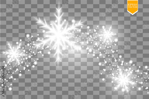 Shine white snowflake with glitter isolated on transparent background. Christmas decoration with shining sparkling light effect. Vector