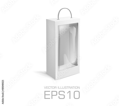 Blank long Cardboard box with hole, transparent plastic window isolated on white background. Product package template. Vector illustration
