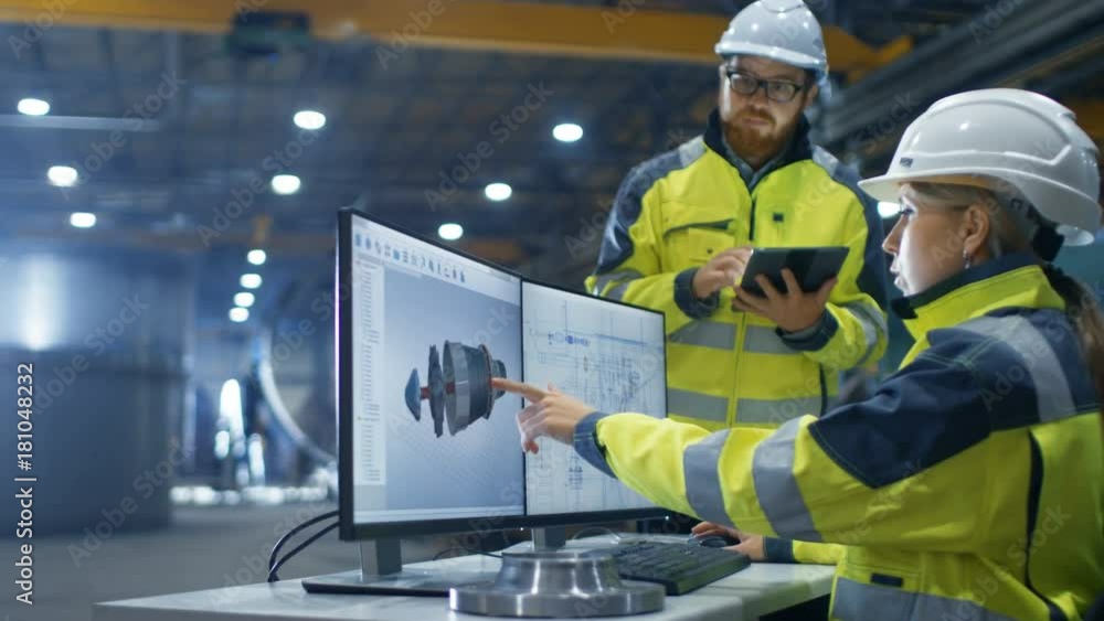 Inside the Heavy Industry Factory Female Industrial Engineer Works on Personal Computer She Designs 3D Turbine Model, Her Male Colleague Talks with Her and Uses Tablet Computer. Inside the Heavy Industry Factory Female Industrial Engineer Works on Personal Computer She Designs 3D Turbine Model, Her Male Colleague Talks with Her and Uses Tablet Computer.