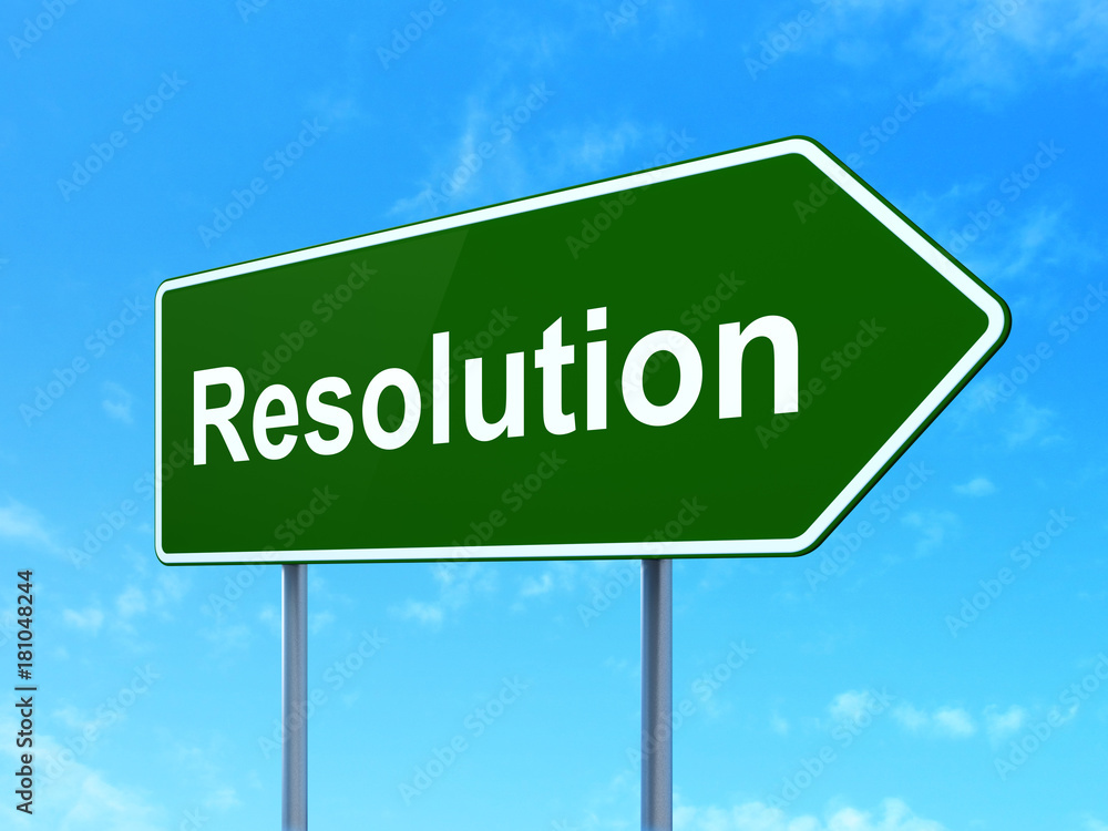 Law concept: Resolution on green road highway sign, clear blue sky background, 3D rendering Law concept: Resolution on green road highway sign, clear blue sky background, 3D rendering