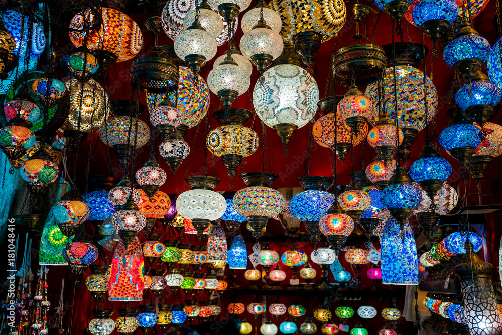 oriental lamps on a bazaar. traditional handmade  lamps in souvenir shop