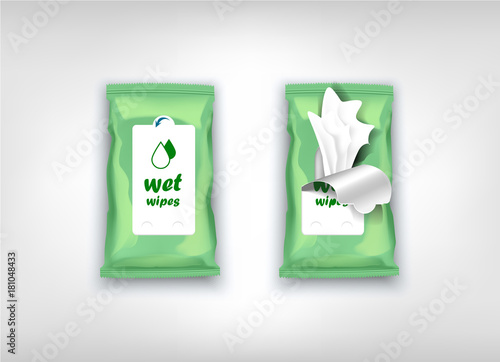 green open and closed plastic wrap for wet wipes. A mockup of vector white packaging.
