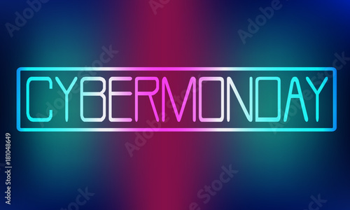 Hand drawn Cyber monday typography lettering poster. Cyber monday tag for banner, advertising, logo, labels, prints, posters, web, presentation. Vector hand drawn text on neon shimmering background.