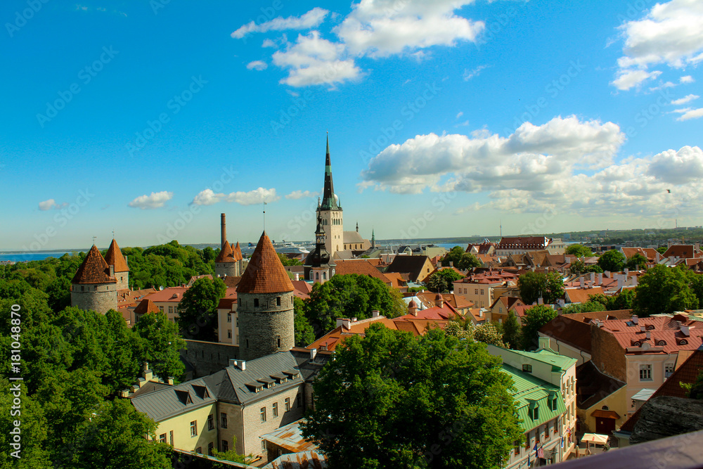 Tallinn city from high hill with blue sky white clouds summer day