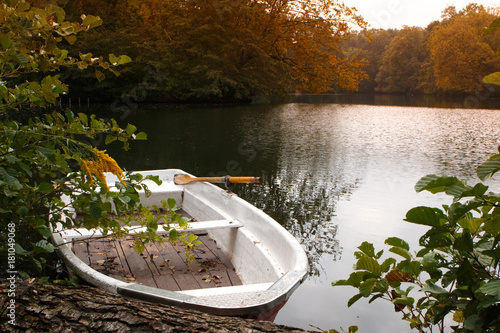 Tiergarten park. Boat park in the lake at sunset.