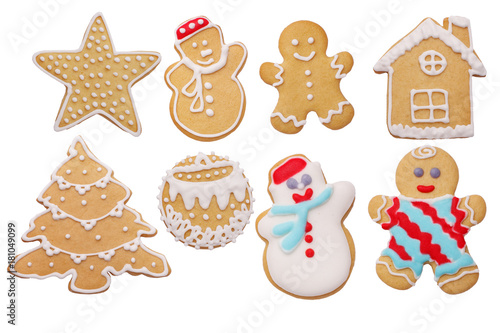 Set of Christmas gingerbread cookies on white background isolated
