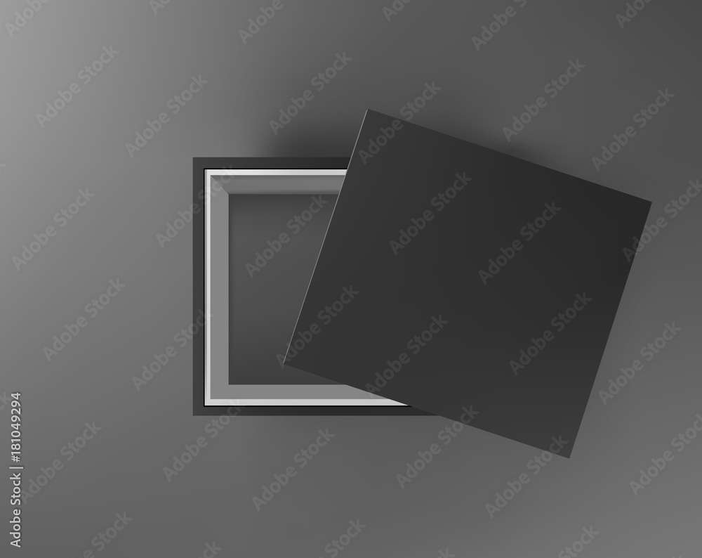 Black empty box mock up on dark gray background. Top view. Template for your presentation design, banner, brochure or poster. Vector illustration Black empty box mock up on dark gray background. Top view. Template for your presentation design, banner, brochure or poster. Vector illustration