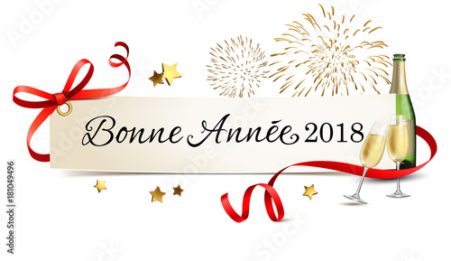 Carte de salutations avec champagne et feu d'artifice - Bonne année 2018