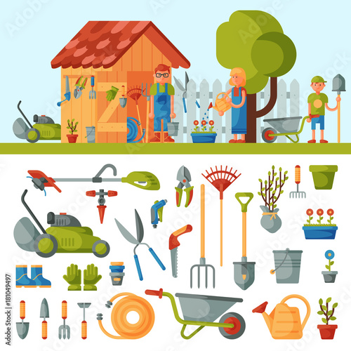 Garden farm instruments tools and farmer family near house various agricultural tools for gardening care colorful vector flat illustration.