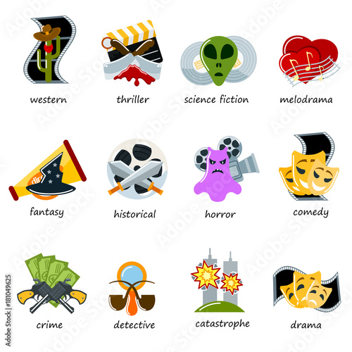 Cinema genre icons set flat comedy, drama, thriller, comedy cinematography movie production designation marking sign vector illustration.