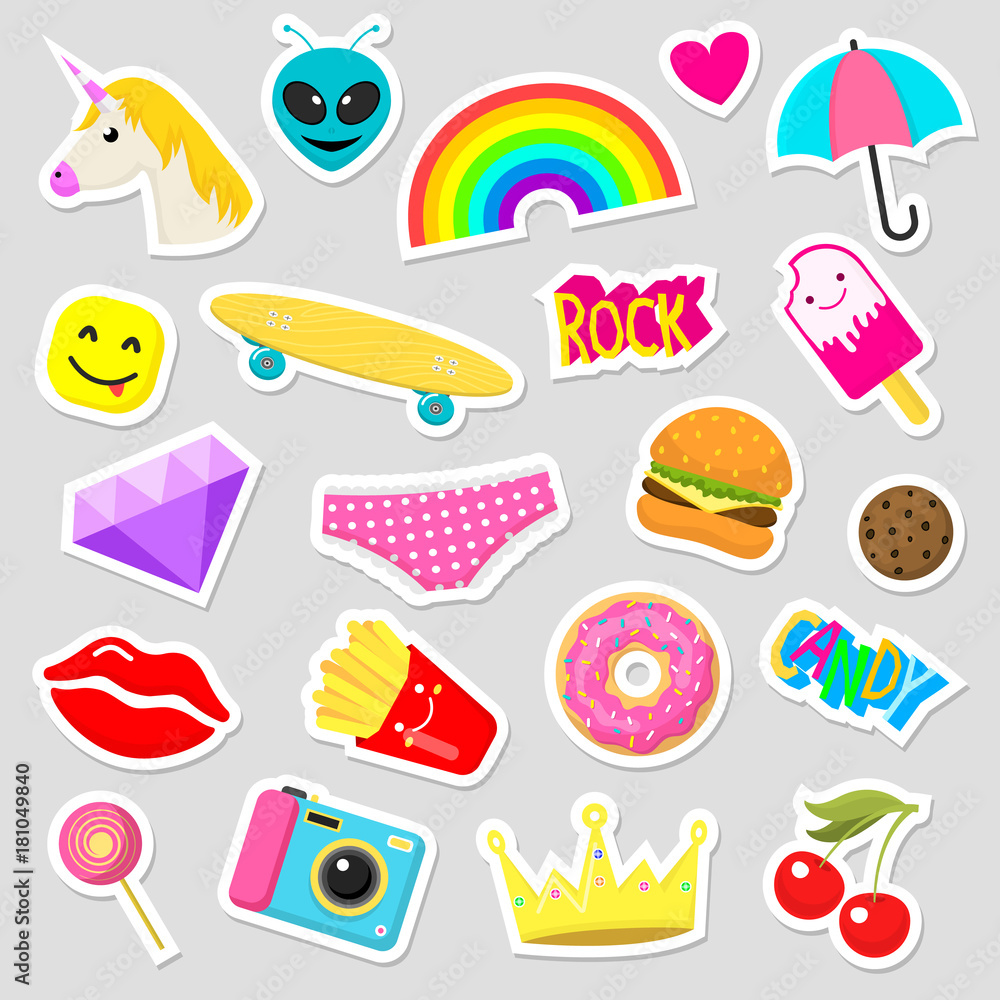 Girl fashion stickers patches cute colorful badges fun cartoon icons design  doodle element trendy print vector illustration. Stock Vector