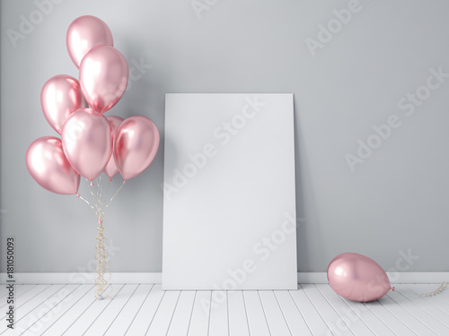 Frame poster mockup with gold balloons, air ballon 3d rendering