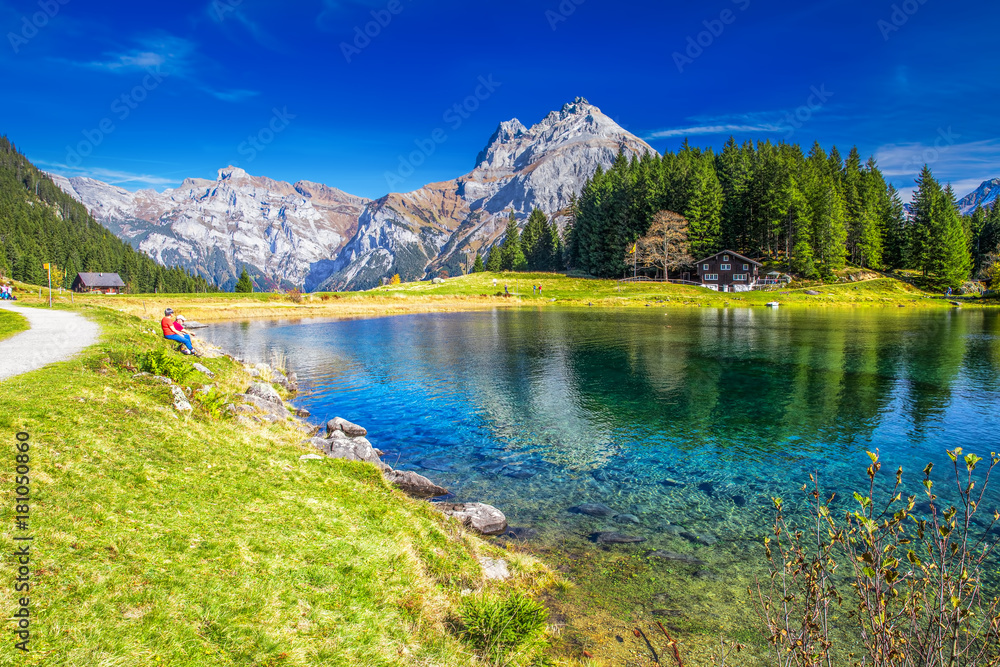 Arnisee with Swiss Alps. Arnisee is a reservoir in the Canton of Uri, Switzerland