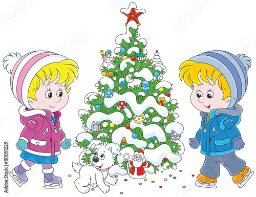 Children skating around a Christmas tree