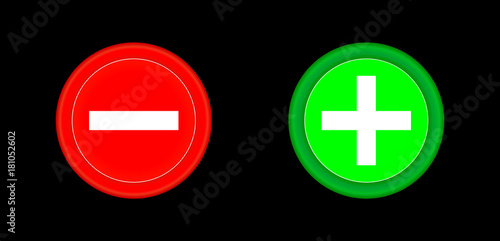 Plus and minus red and green circle 3D button . Add, cancel, or the plus and minus signs on buttons or circles icon isolated on black background. Vector illustration.