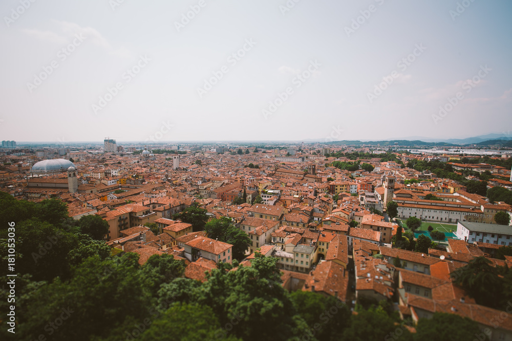 view of the European old town of Brescia in Italy pawnshop in summer