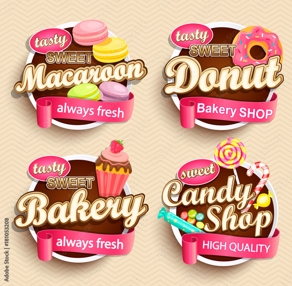 Vecteur Stock Set of Food Labels or Stickers - macaroon, donut, bakery,  candy shop - Design Template. Vector illustration. | Adobe Stock