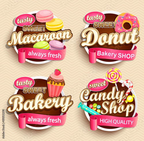 Set of Food Labels or Stickers - macaroon, donut, bakery, candy shop - Design Template. Vector illustration.