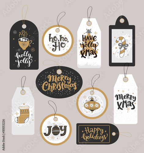 Set of Christmas holidays tags with hand drawn lettering. Vector illustration.