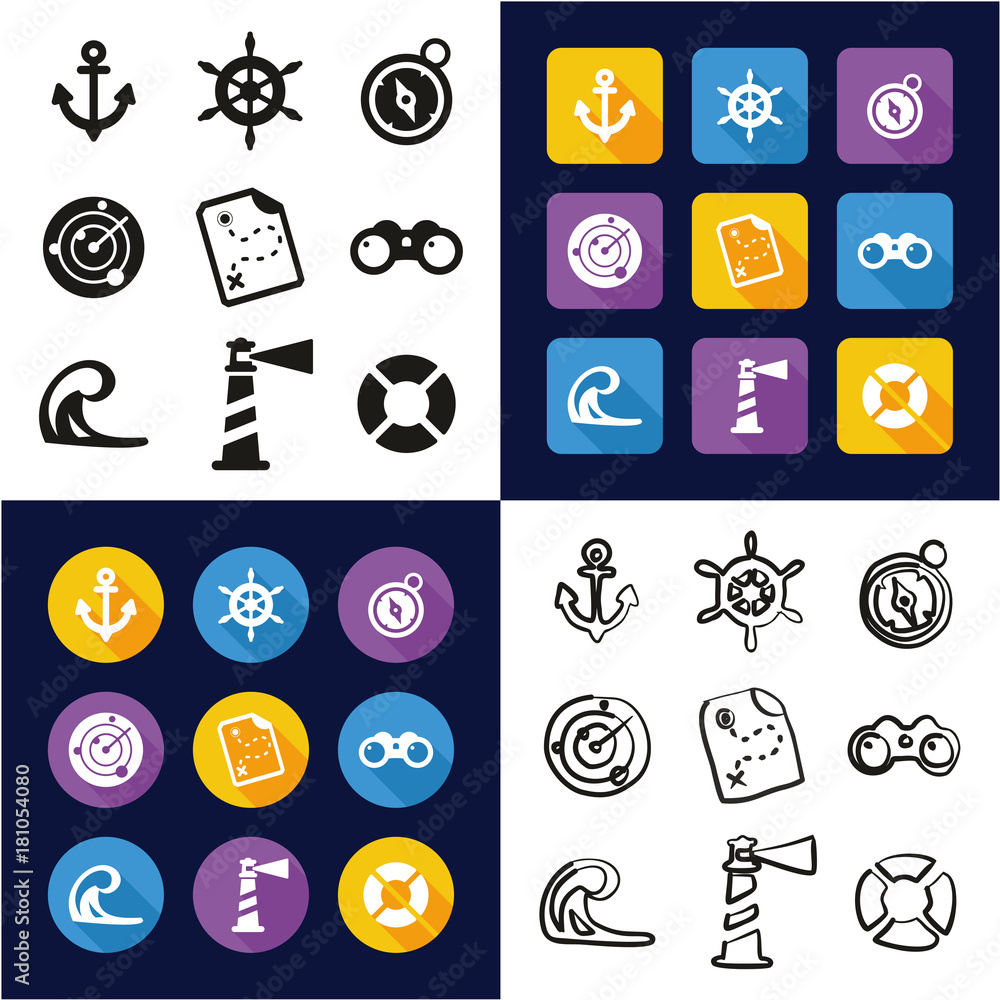 Nautical All in One Icons Black & White Color Flat Design Freehand Set Nautical All in One Icons Black & White Color Flat Design Freehand Set