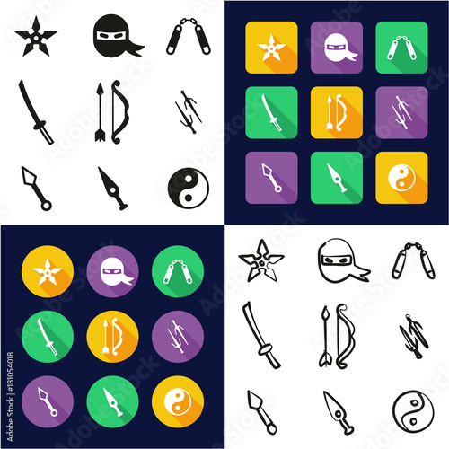 Ninja All in One Icons Black & White Color Flat Design Freehand Set