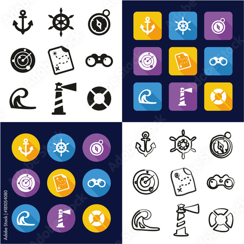 Nautical All in One Icons Black & White Color Flat Design Freehand Set