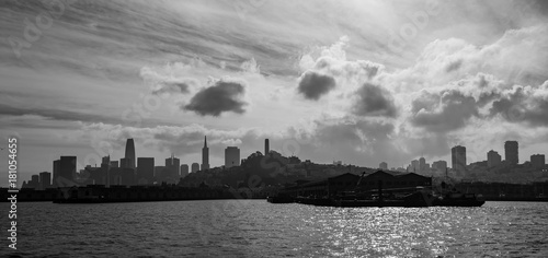 Black and white of San Francisco city view from boat
