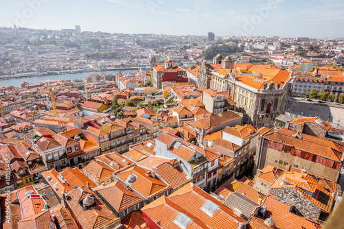Aerial wideangle cityscape view on the old town of Porto city during the sunny day in Portugal