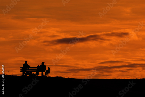 Ein Paar mit Hunden sitzen auf einer Bank in der Abenddämmerung © Alexandra