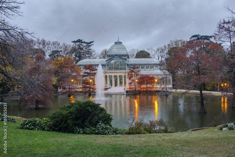 Crystal Palace at sunset in Madrid's Retiro Park