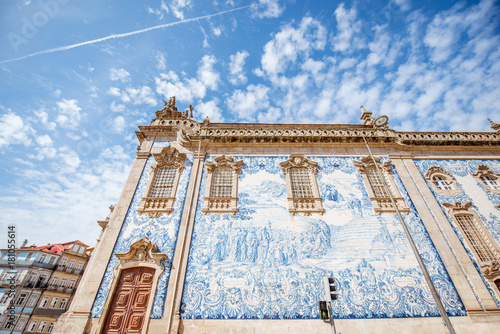 Facade view on the church wall with famous poruguese blue tiles Azulejo in Porto city in Portugal photo