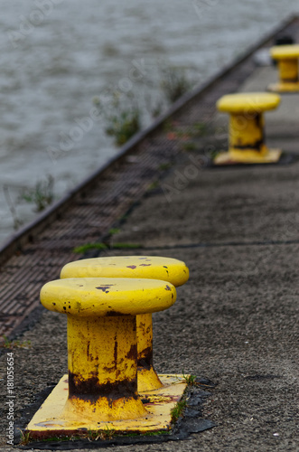 Yellow bollards on the quay, Hamburg, Germany 